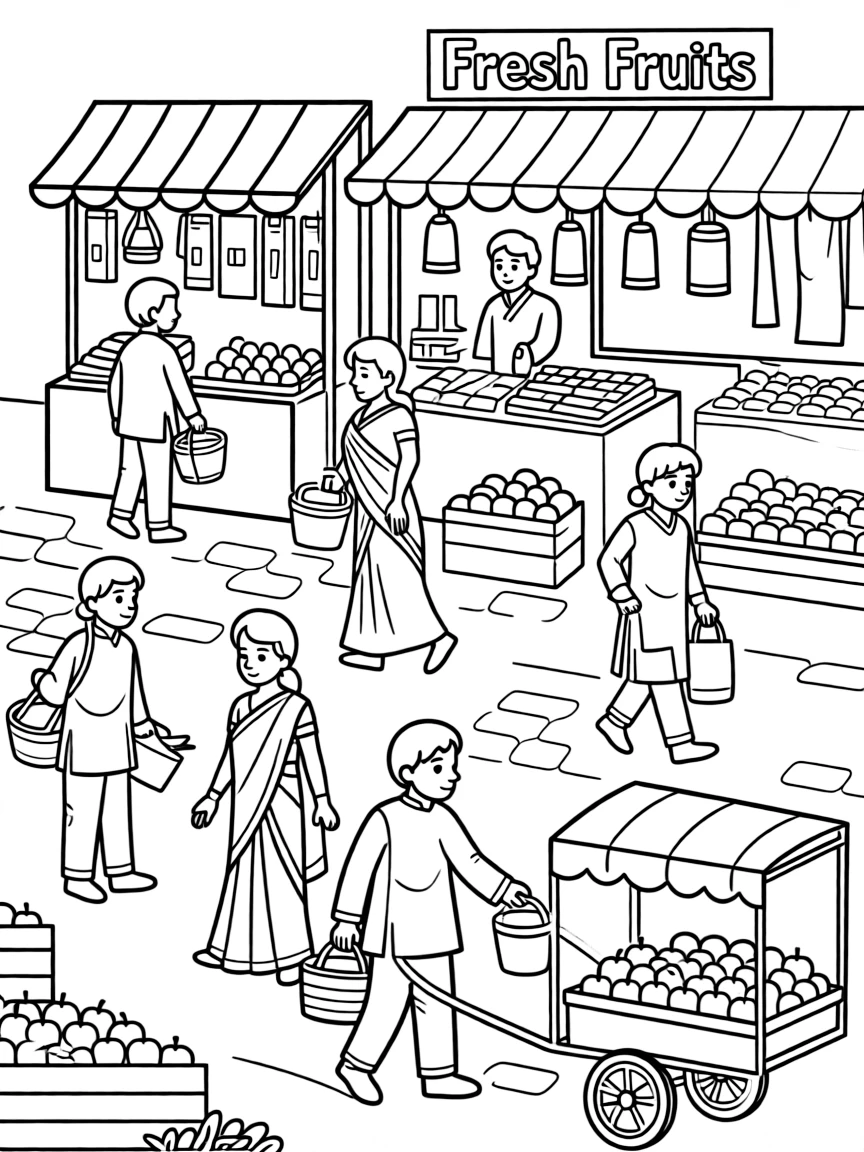(India) A colorful street market bazaar full of shops and people