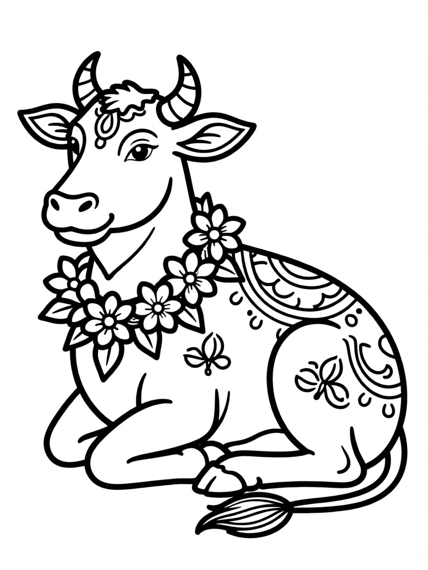 (India) A sacred cow sitting calmly decorated with a flower garland