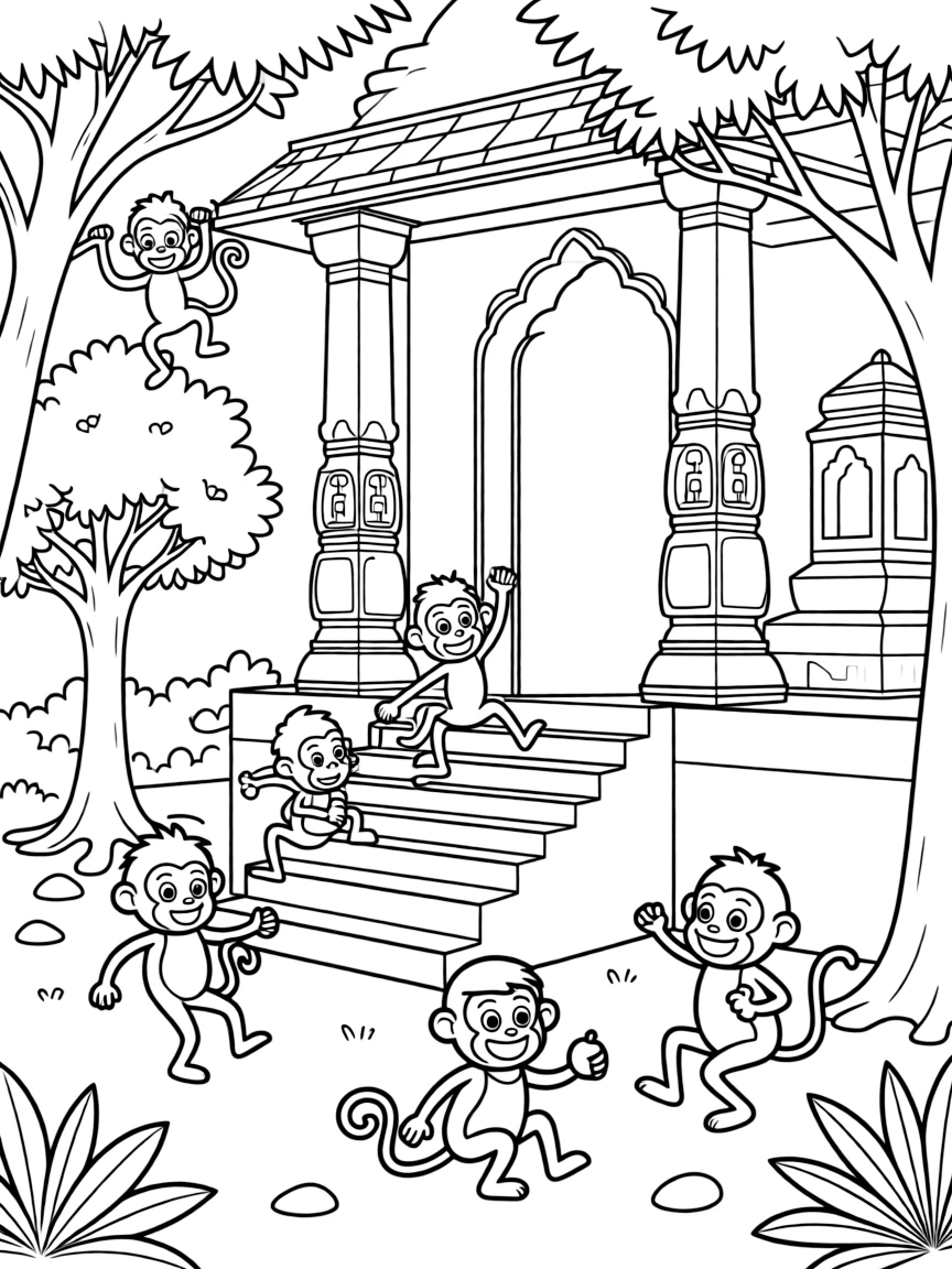 (India) A group of monkeys playing around an old temple