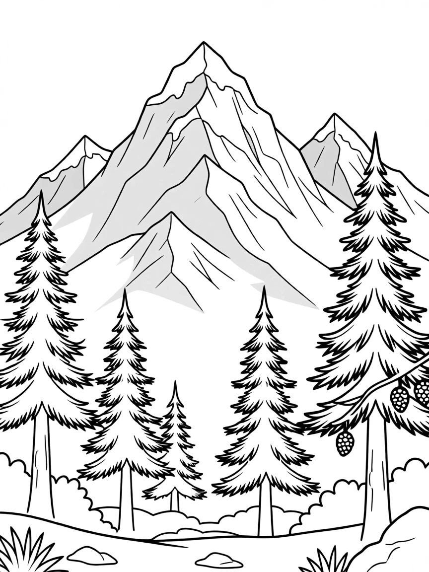 (India) The Himalayan mountains with snow peaks and pine trees