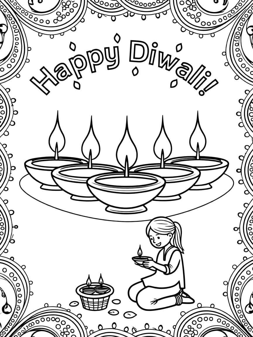 (India) Clay oil lamps (diyas) glowing for Diwali, the Festival of Lights
