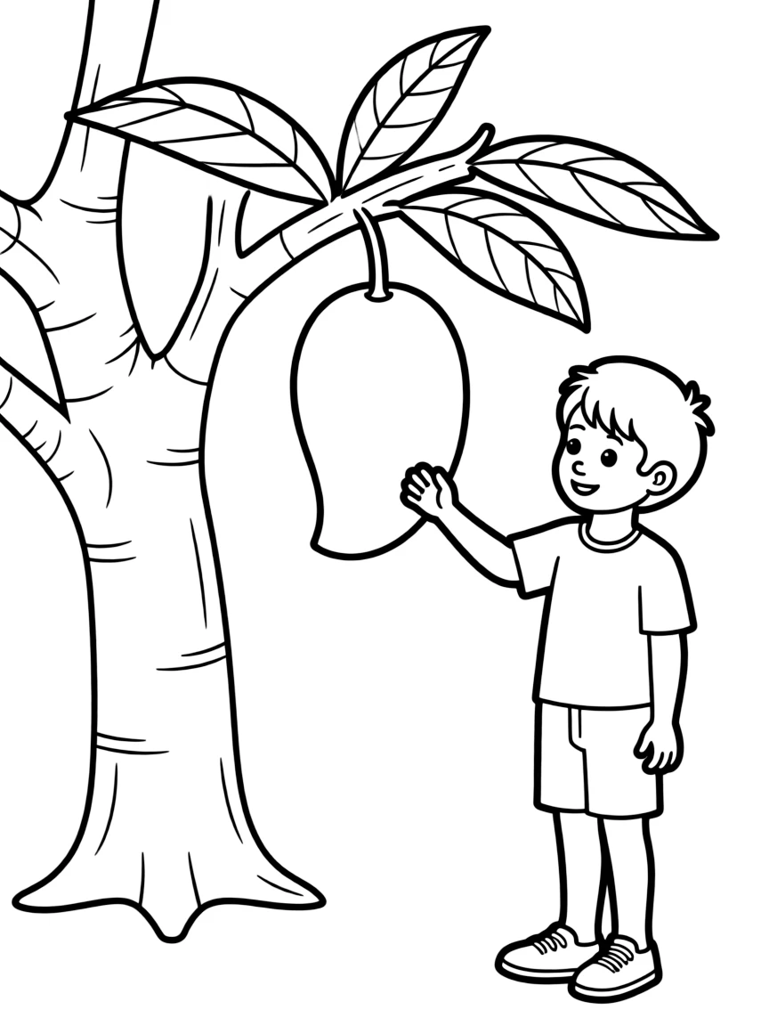 (India) A mango, the national fruit of India, on a tree branch