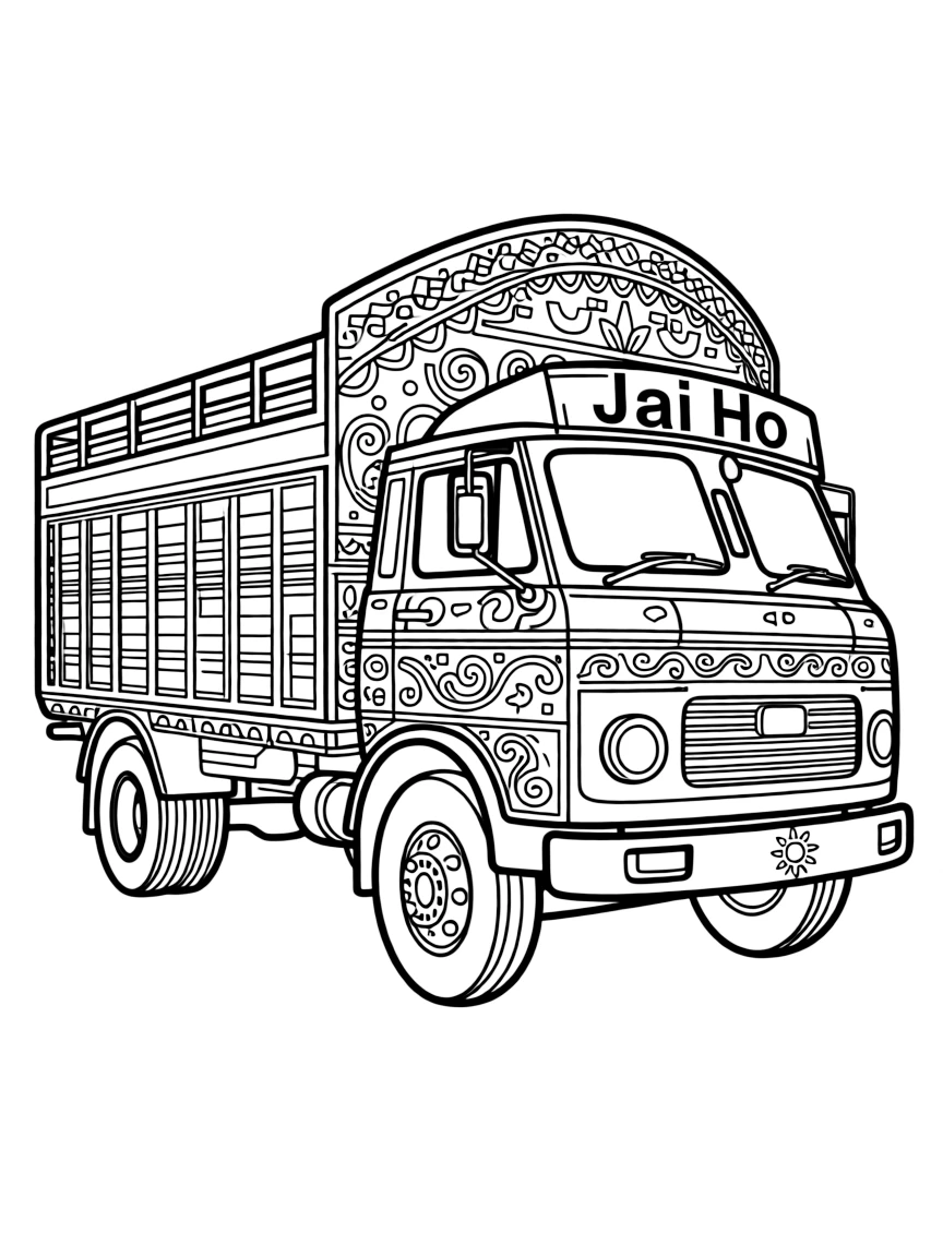 (India) A decorated truck with vibrant folk art (Indian truck art)