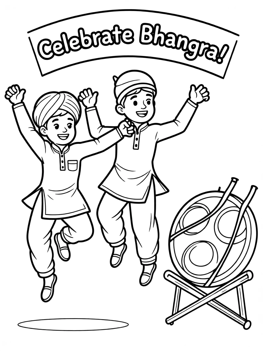 (India) Punjabi bhangra dancers jumping with excitement and dhol drum
