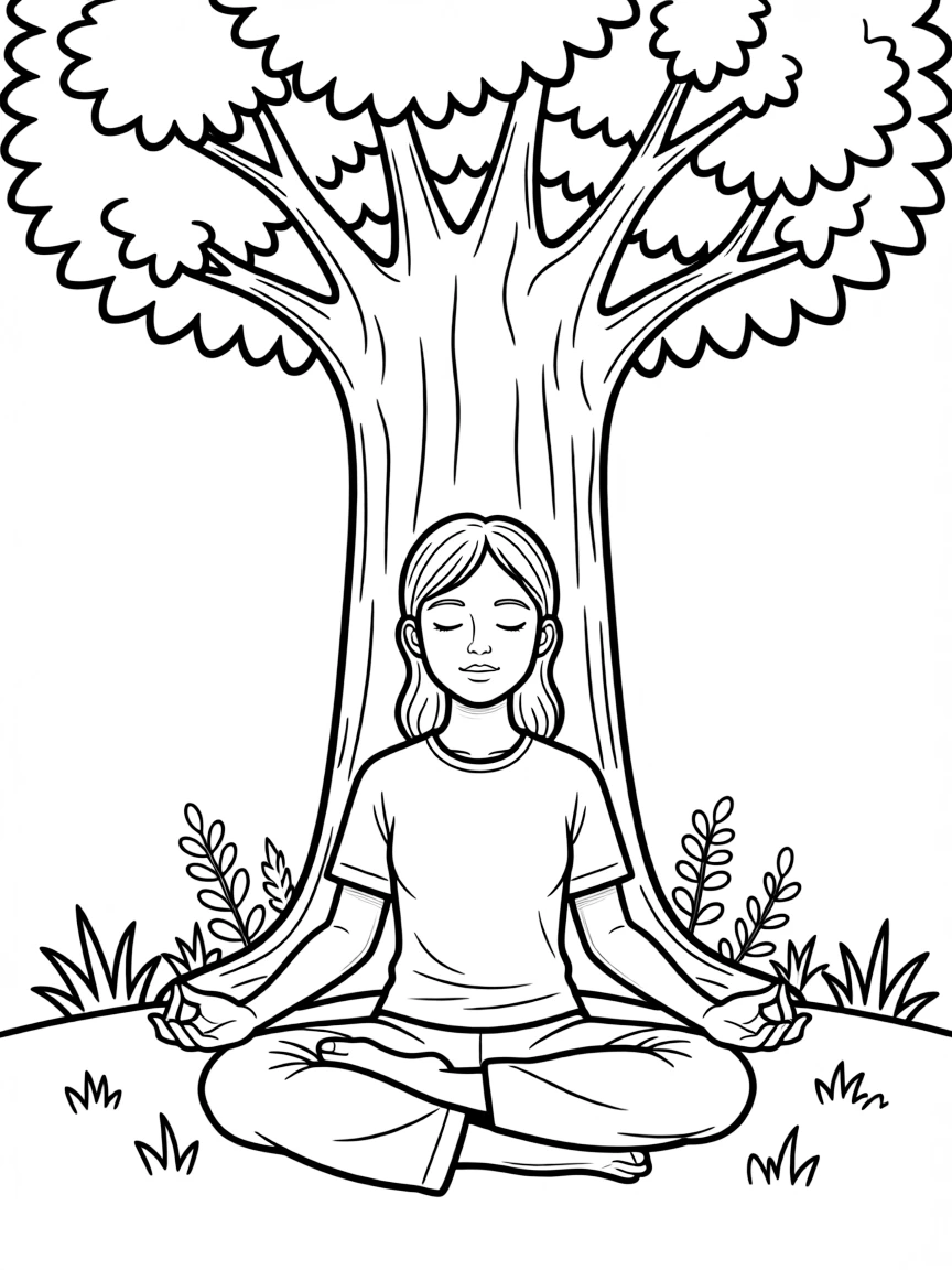 (India) A yoga instructor sitting in meditation pose under a tree