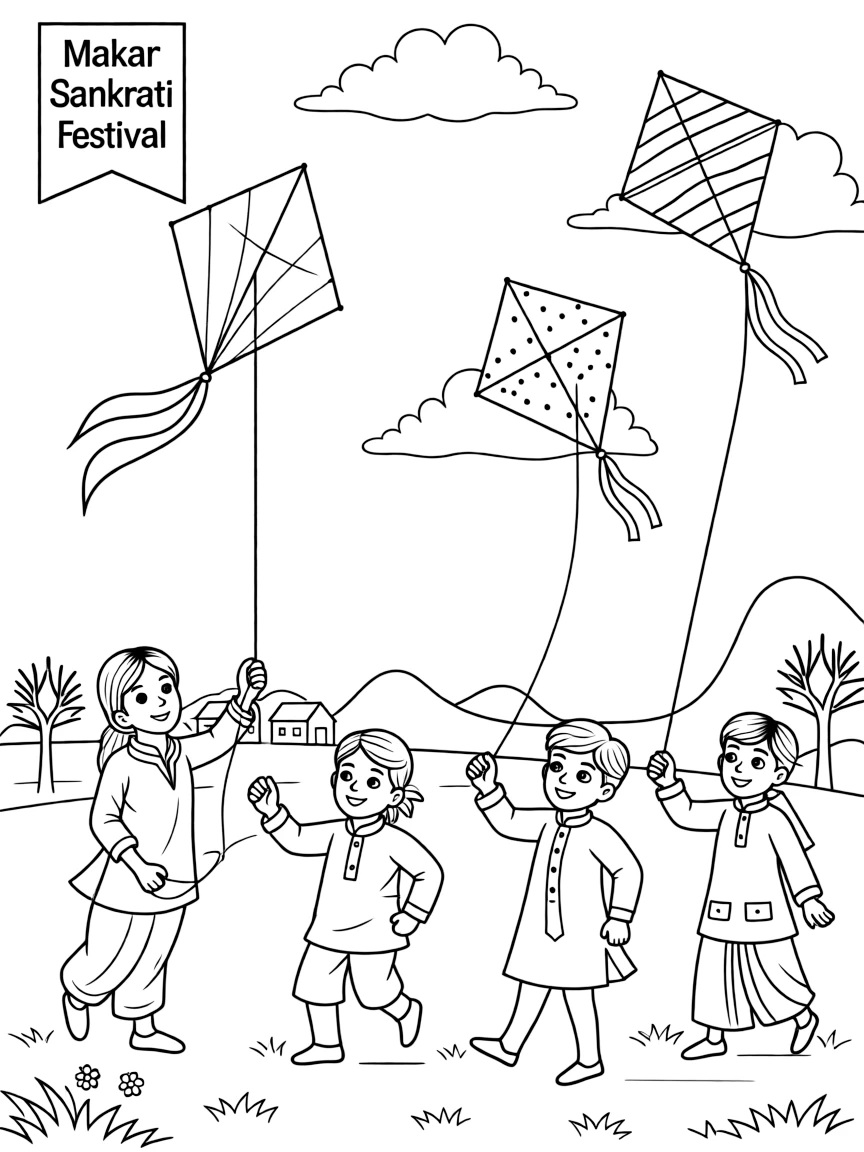(India) Children flying kites during the kite festival (Makar Sankranti)