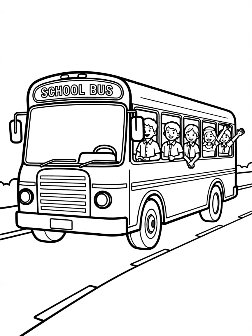 (India) School children in uniform riding on a big yellow school bus (in India, some are colorful)