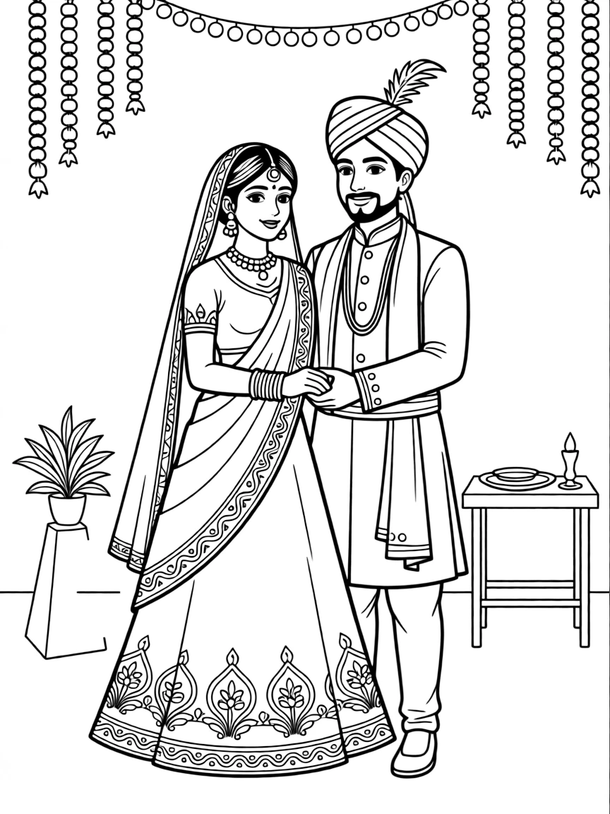 (India) A wedding scene with a bride and groom in traditional Indian wedding attire