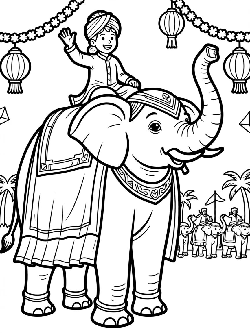 (India) An elephant parade during a festival, with the elephant draped in gold and silk