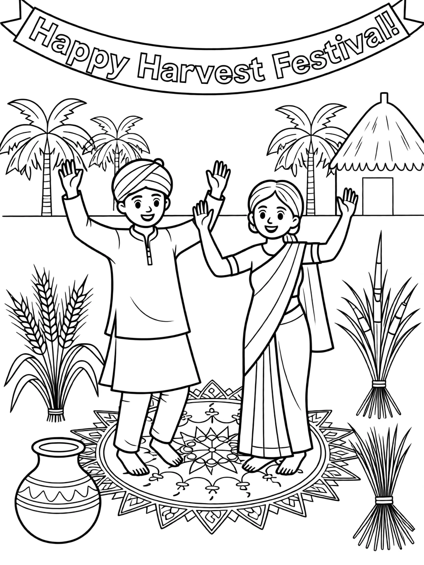 (India) A harvest festival scene with farmers dancing and celebrating (like Pongal or Baisakhi)