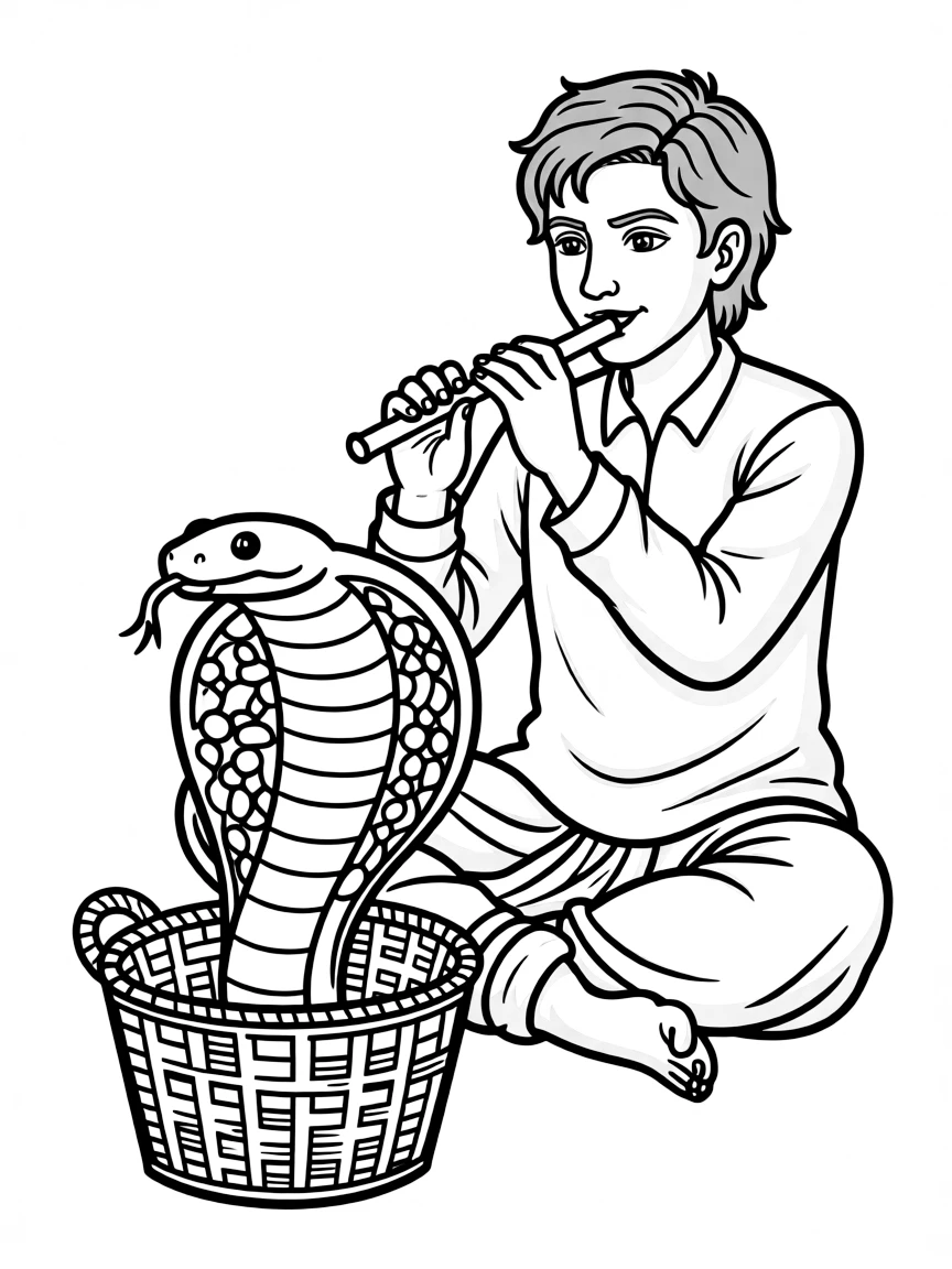 (India) A snake charmer playing a flute with a cobra rising from a basket