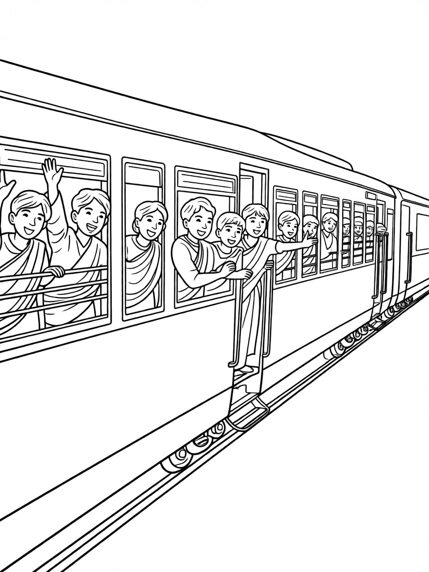 (India) A crowded Indian train with people peeking out (showing busy transport in India)
