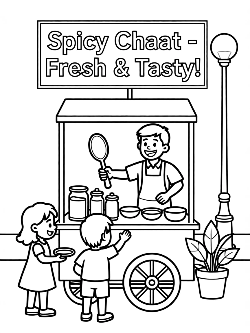 (India) A street food cart selling spicy snacks (chaat) to people
