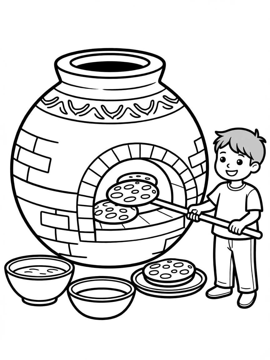 (India) A tandoor clay oven with naan breads baking on its side