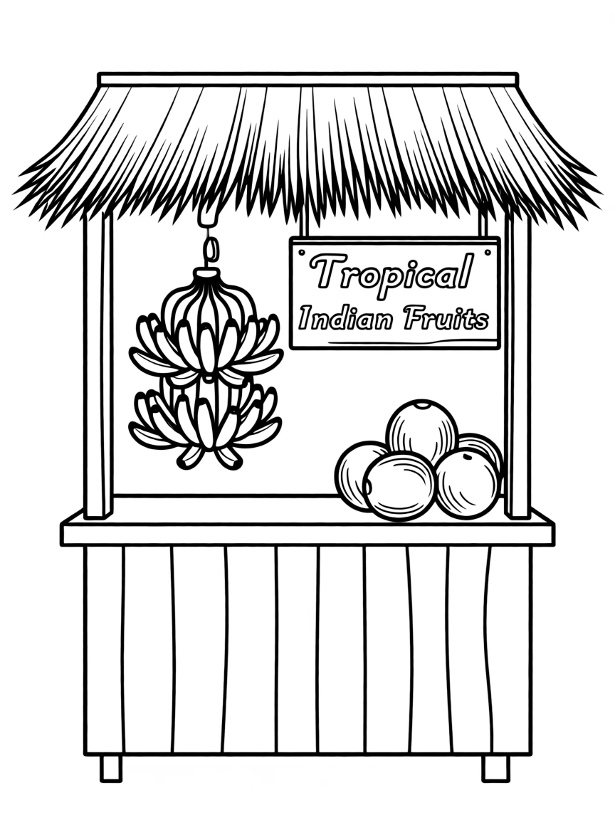 (India) A bunch of bananas and coconuts at a fruit stall (tropical fruits of India)