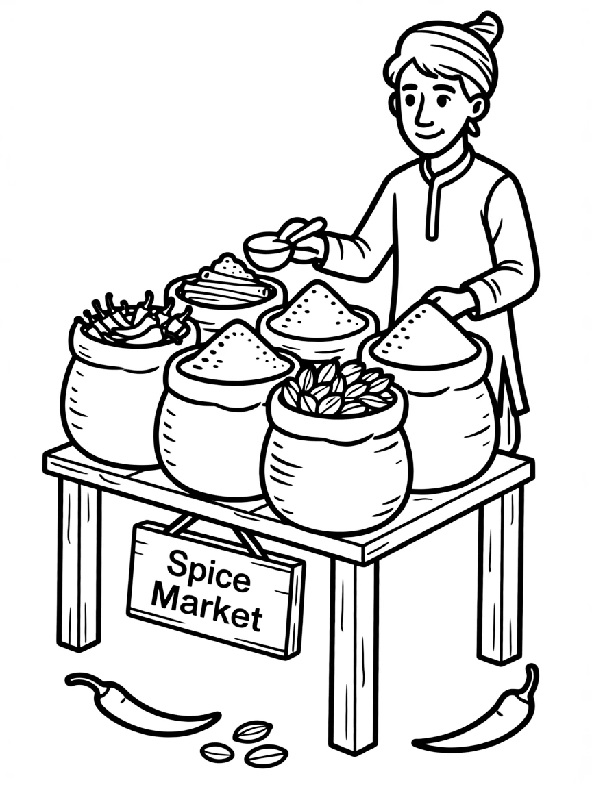 (India) A spice market stall with heaps of colorful spices and chili peppers