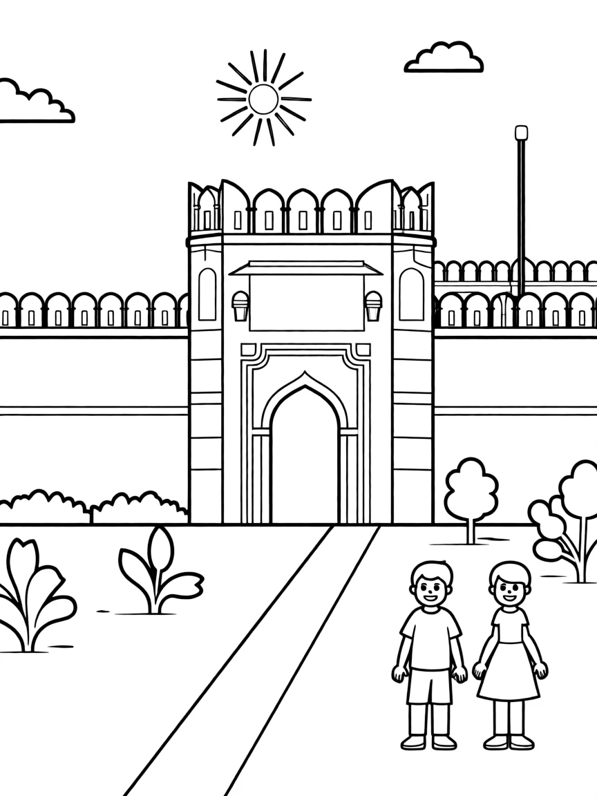 (India) The Red Fort in Delhi with its high red stone walls