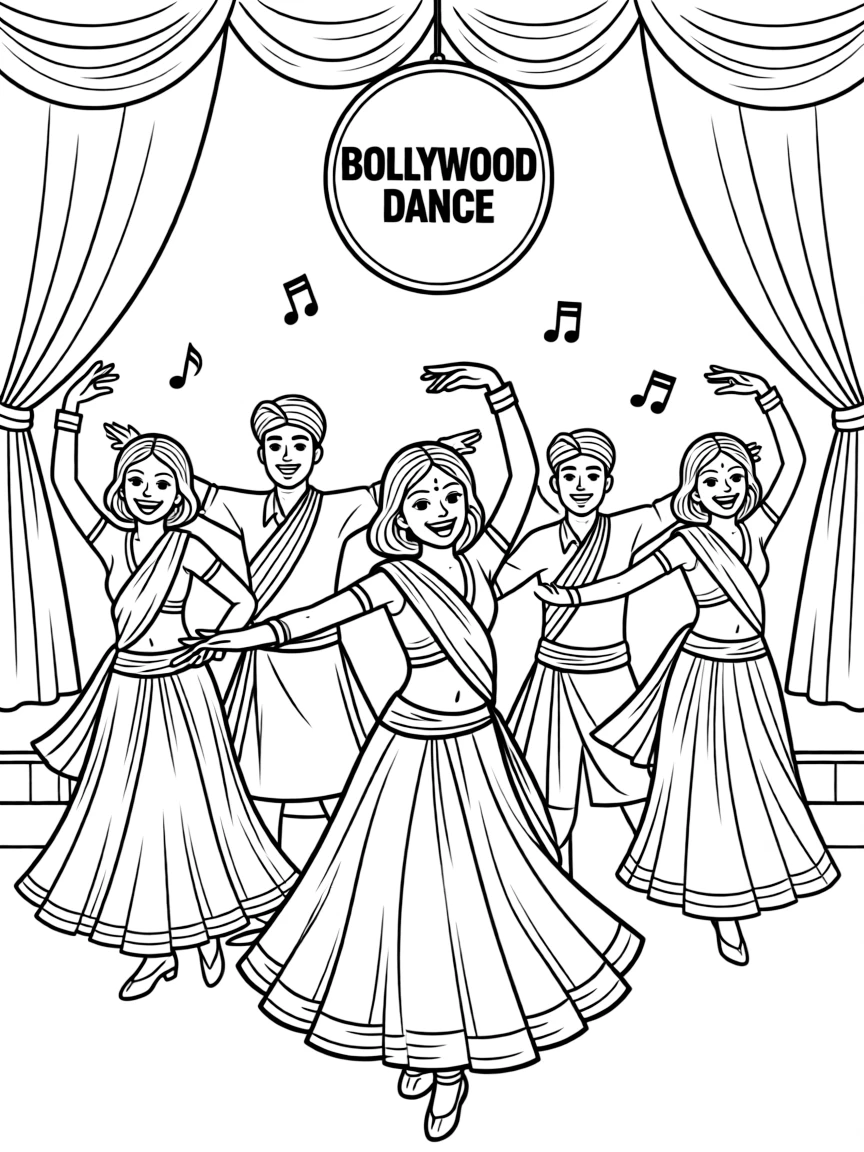 (India) Actors and actresses dancing in a vibrant Bollywood movie scene