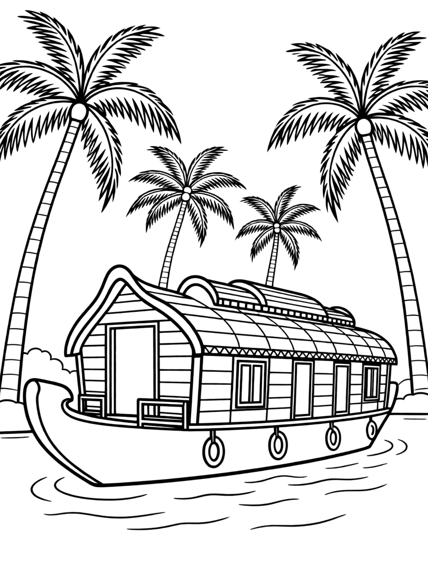 (India) A traditional houseboat on the Kerala backwaters surrounded by palm trees
