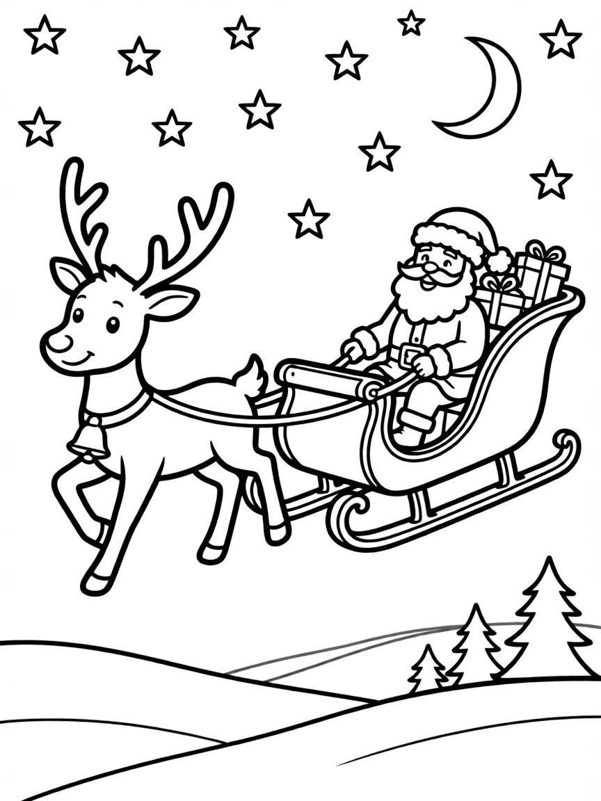 (Finland) A reindeer pulling Santa’s sleigh across a snowy Lapland night sky.