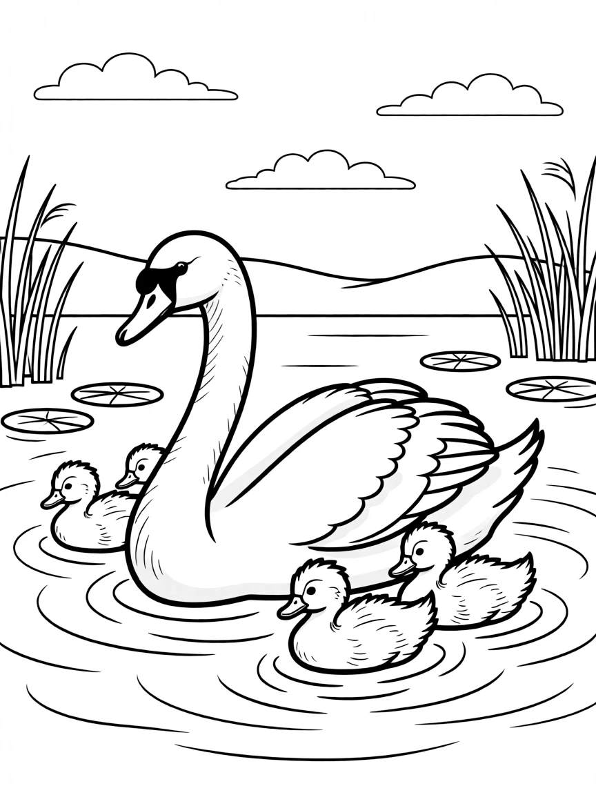 (Finland) A whooper swan swimming with its cygnets on a tranquil lake.