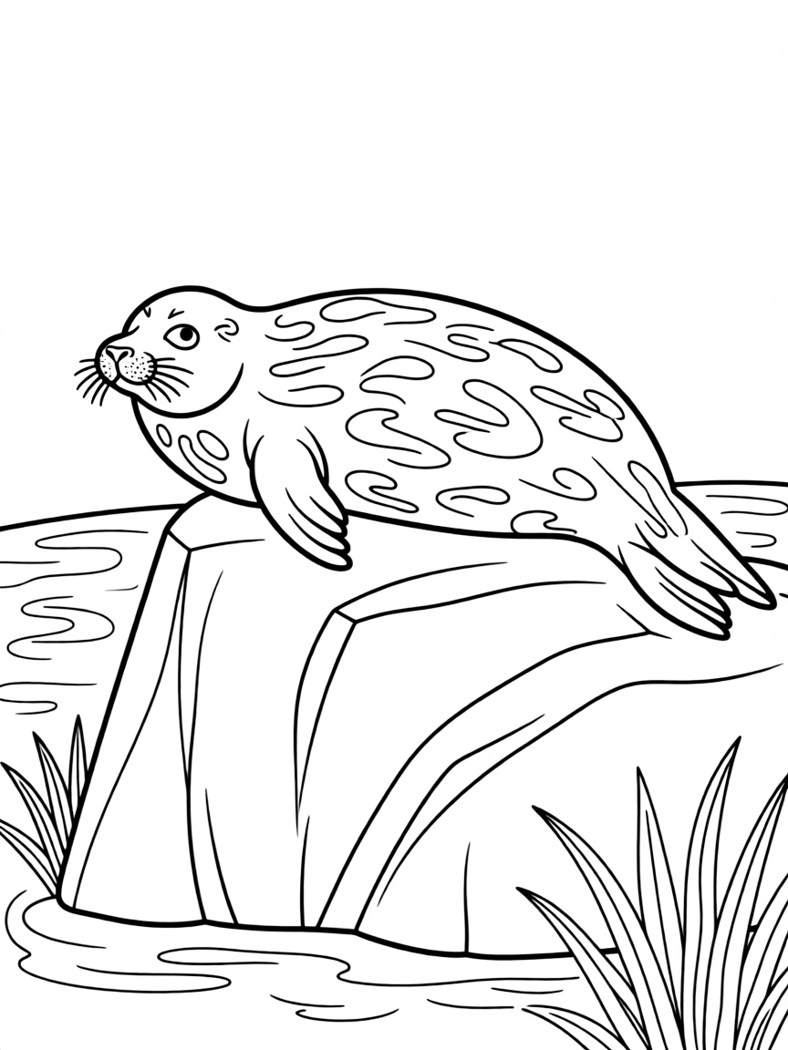 (Finland) An endangered Saimaa ringed seal basking on a rock by the water.
