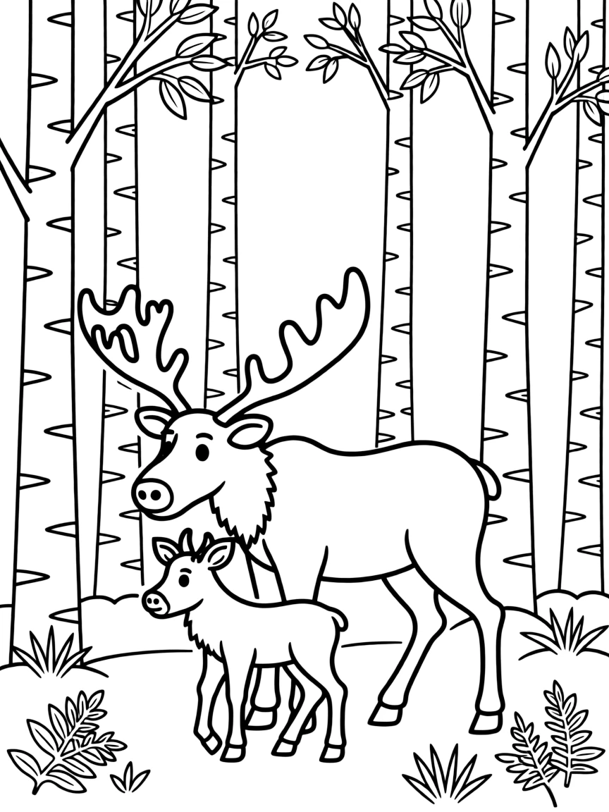 (Finland) A pair of moose wandering among birch trees in the woods.
