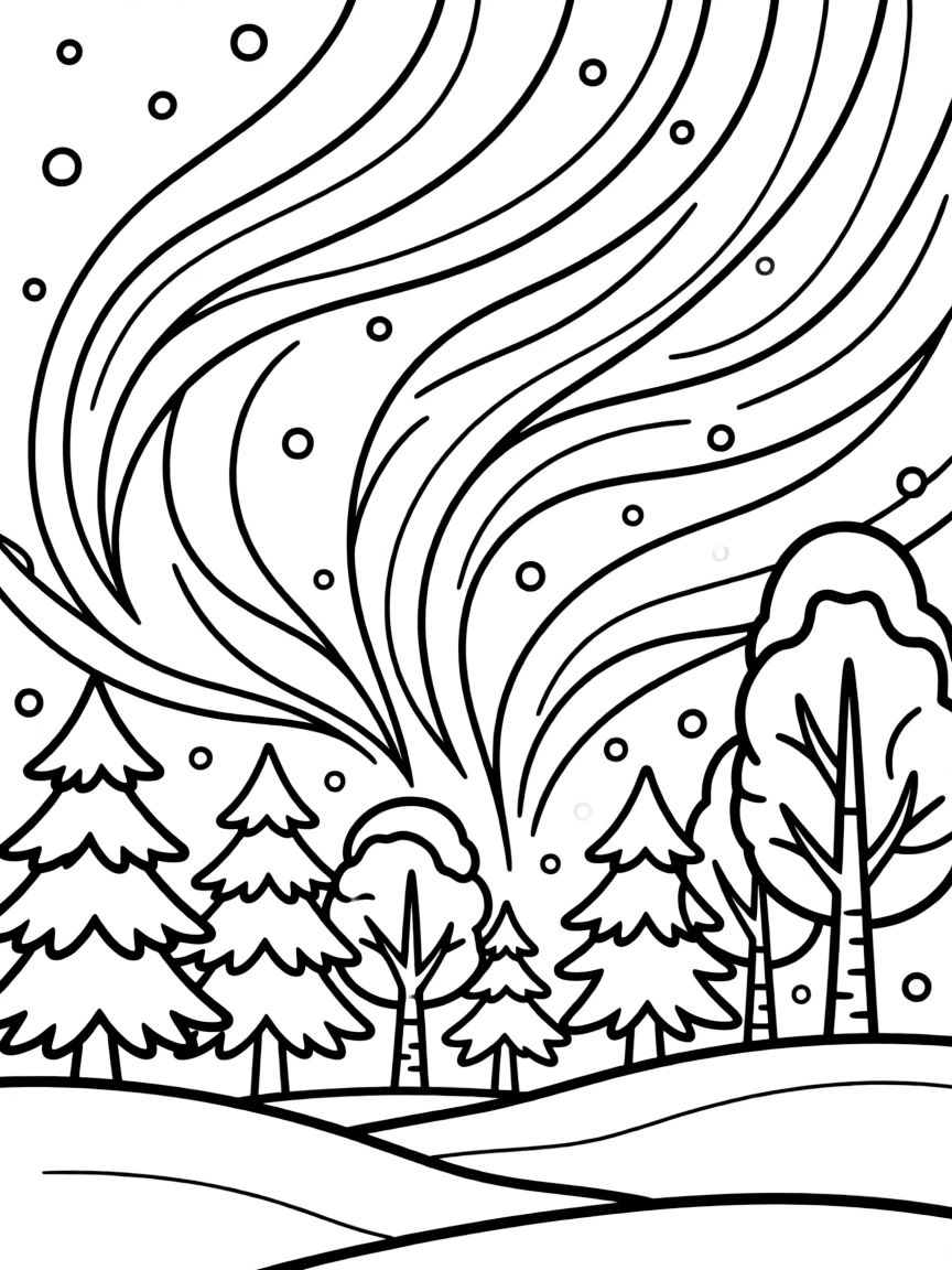 (Finland) The Northern Lights (aurora borealis) dancing in the sky over a winter forest.