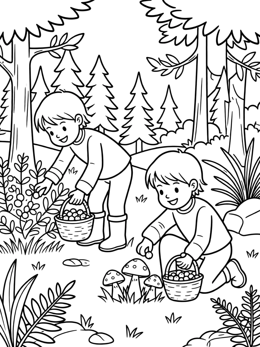 (Finland) Children picking blueberries and mushrooms in a Finnish forest.