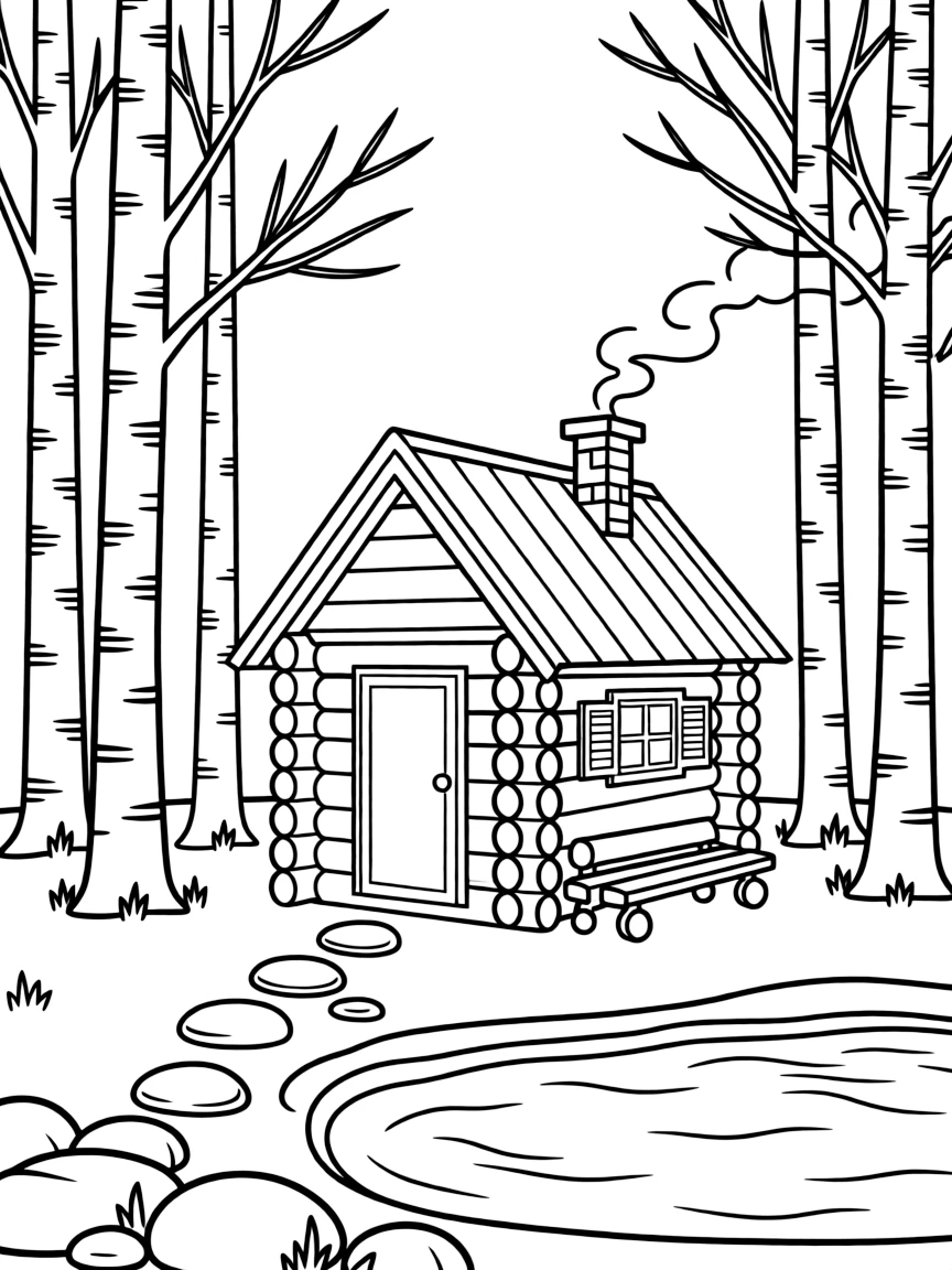 (Finland) A cozy lakeside log cabin sauna with birch trees and steam rising.