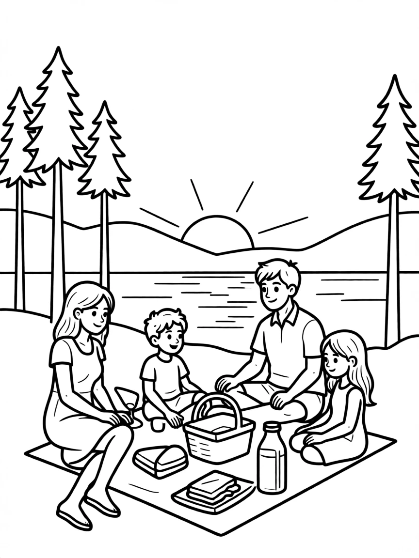 (Finland) A family enjoying a midnight sun picnic by a lake in summer.