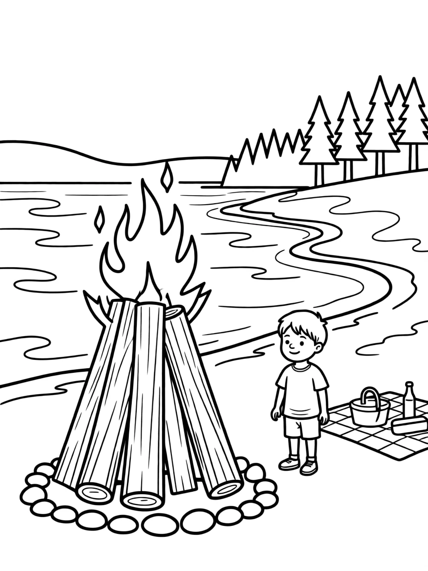 (Finland) A traditional Midsummer bonfire burning by the shore of a lake.