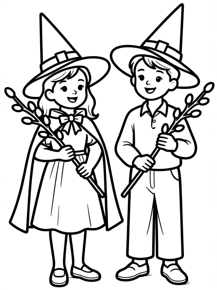 (Finland) Two kids dressed as Easter witches carrying pussy willow branches.
