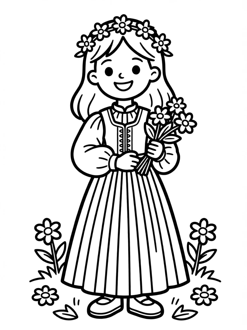 (Finland) A girl wearing a Finnish folk dress and flower crown at a summer festival.