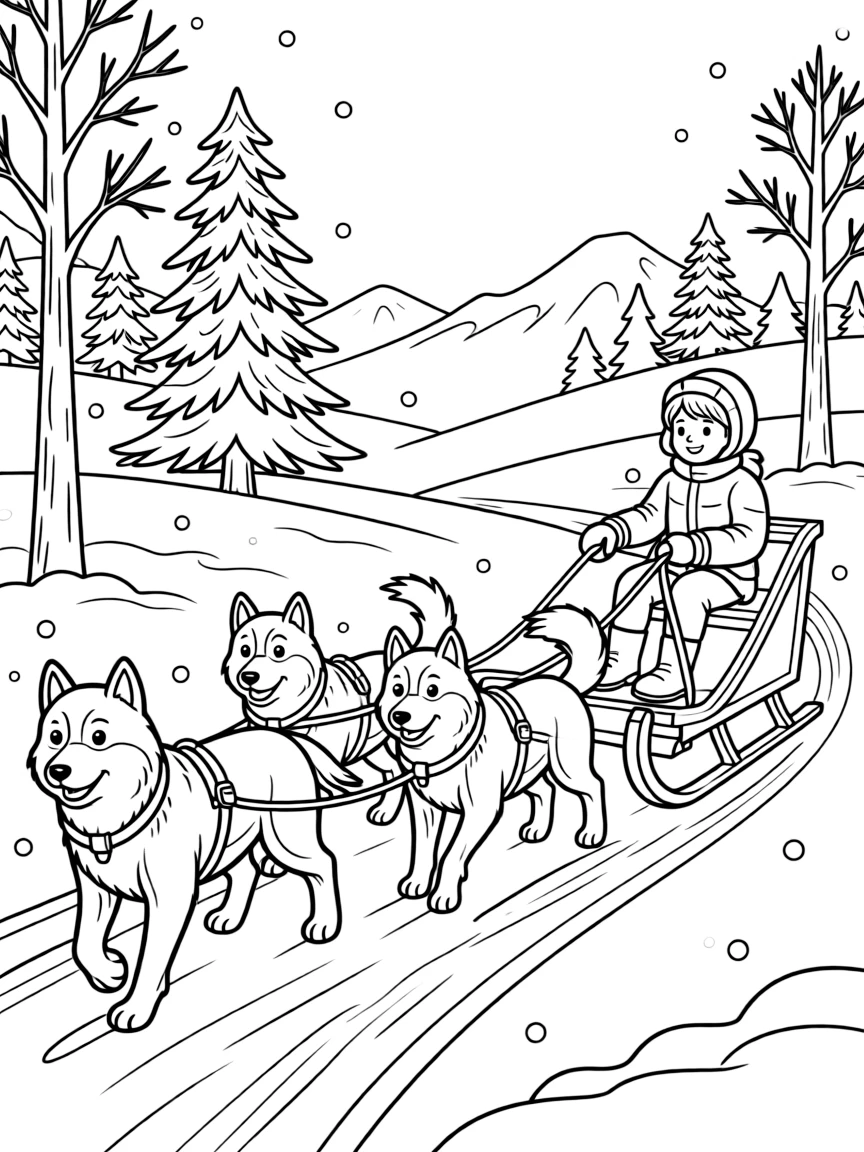 (Finland) Husky sled dogs pulling a sleigh through the snowy wilderness.