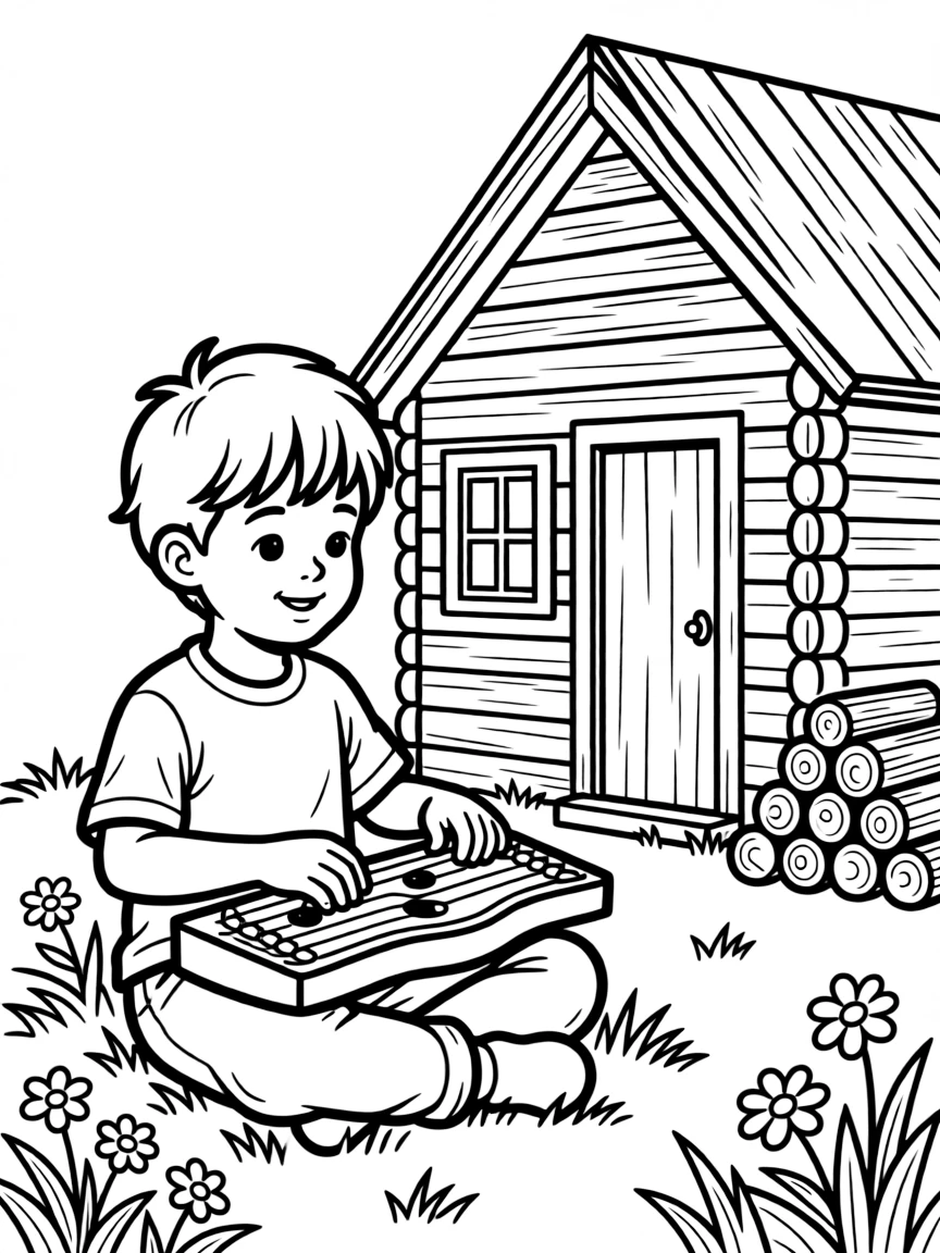 (Finland) A child playing the kantele (traditional Finnish zither) by a cottage.