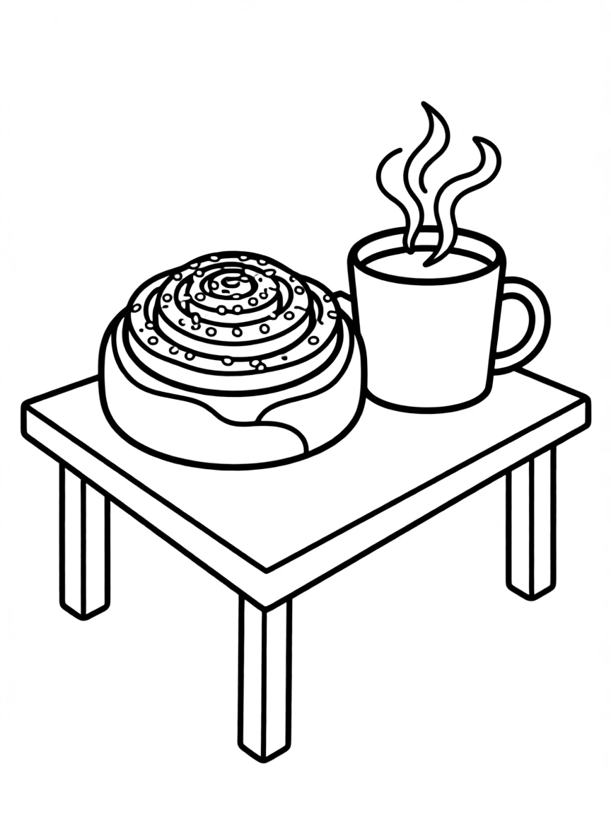 (Finland) A cinnamon bun (korvapuusti) and a cup of hot cocoa on a table.