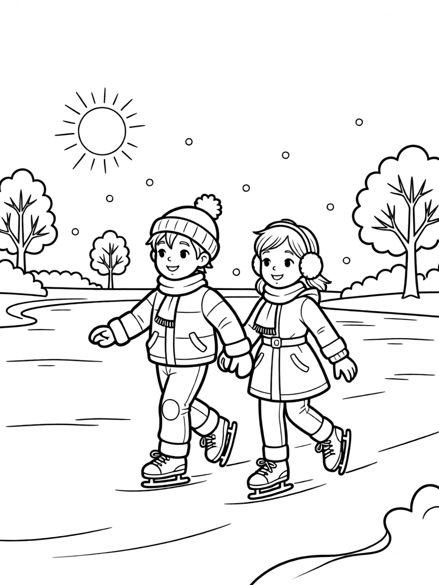 (Finland) Two kids ice skating on a frozen lake under the winter sun.