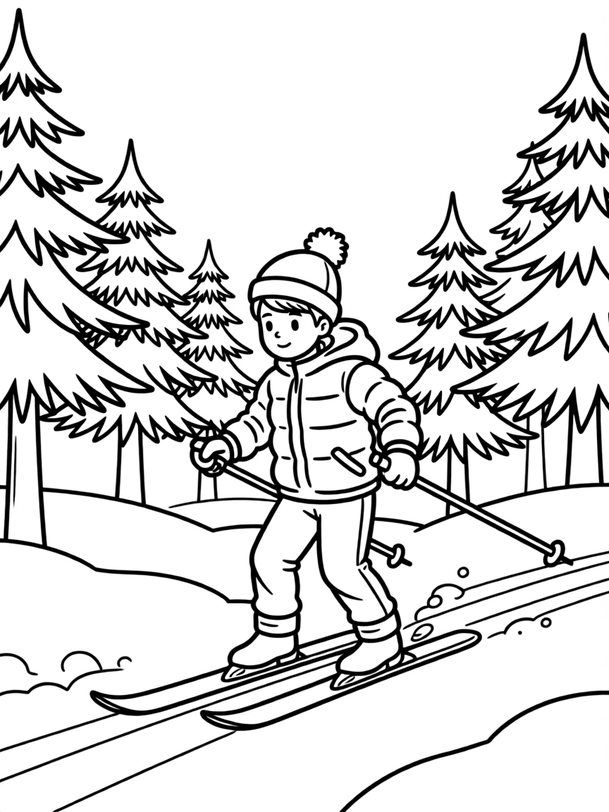 (Finland) A cross-country skier gliding through a snowy pine forest.