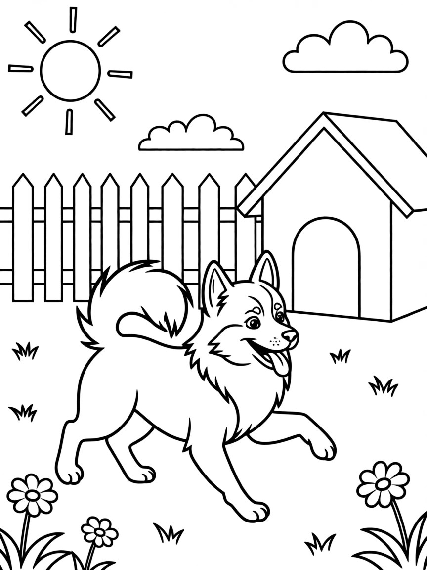 (Finland) A friendly Finnish Spitz dog playing in a sunny yard.