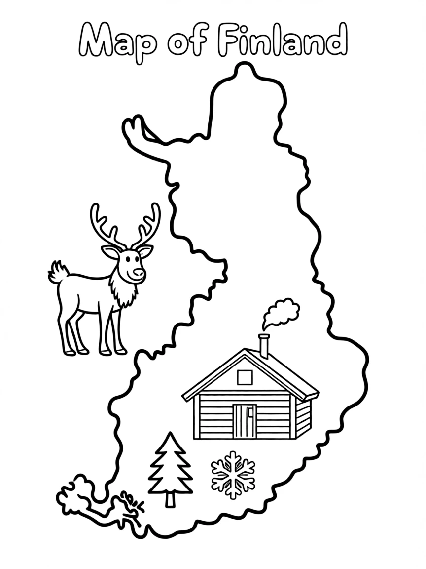 (Finland) A map of Finland decorated with symbols like a reindeer and a sauna.