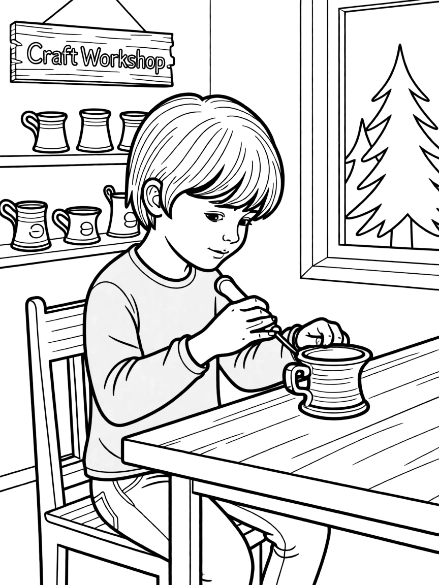(Finland) A child carving a wooden kuksa cup at a craft workshop.