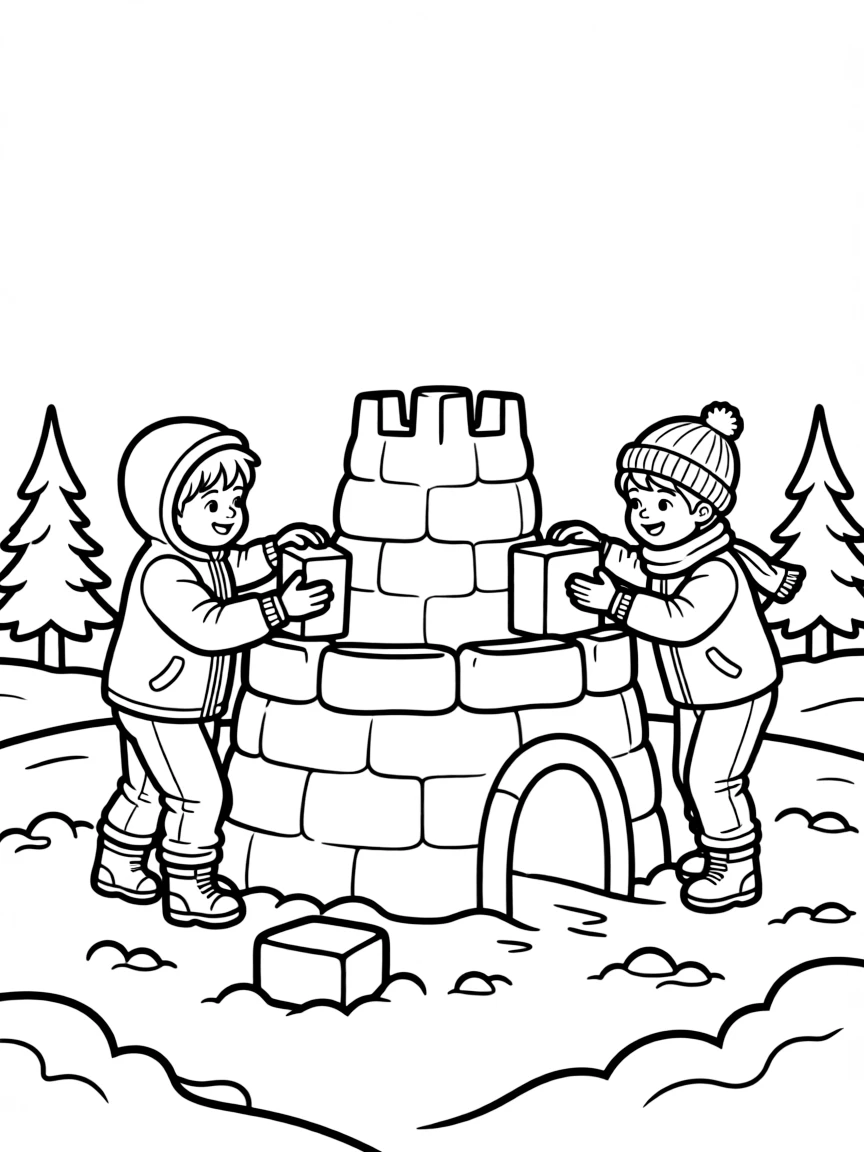 (Finland) A pair of children building a snow castle in the winter snow.