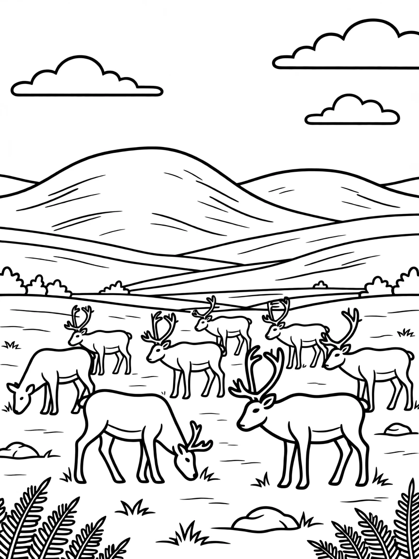 (Finland) A view of Lapland’s fells with a herd of reindeer grazing.