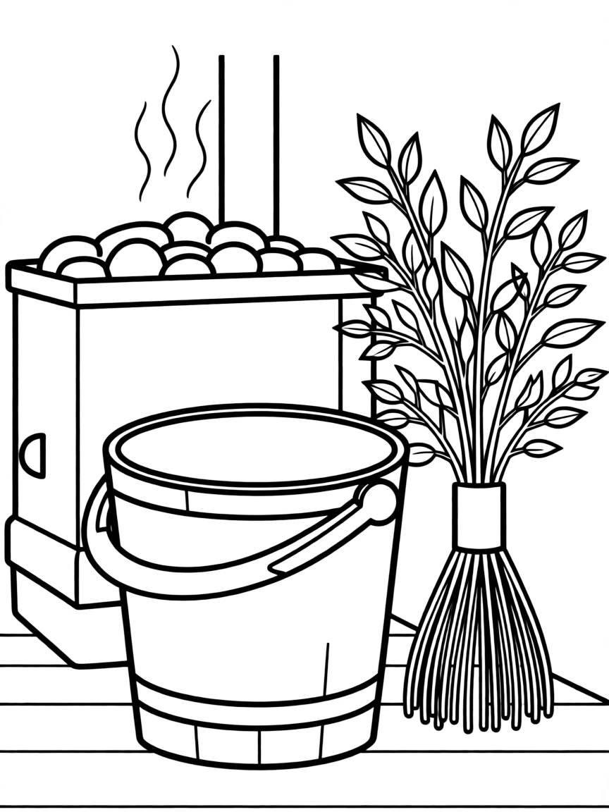 (Finland) A sauna bucket and birch whisk ready next to a hot sauna.