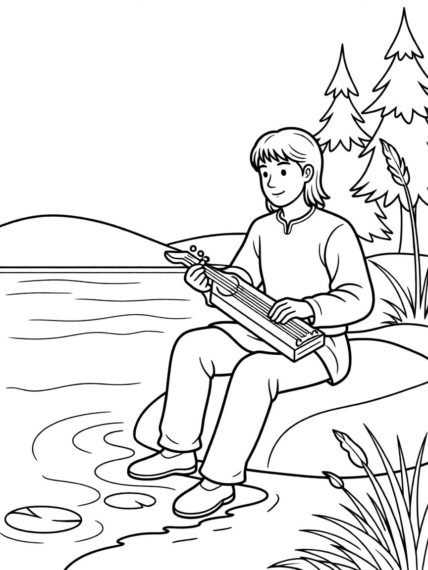 (Finland) An ancient folk hero playing the kantele by a lakeshore (Kalevala legend).