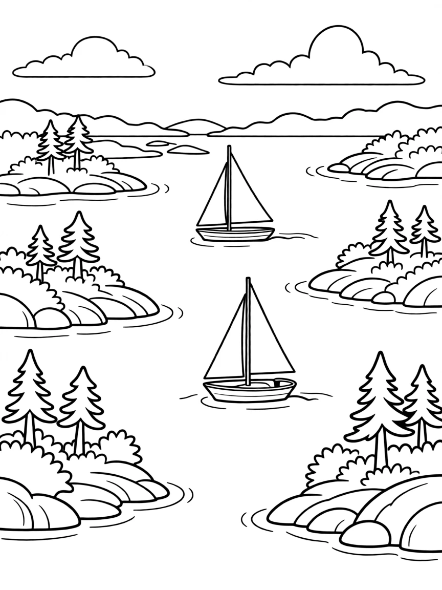 (Finland) A Finnish archipelago scene with sailboats and rocky islets.