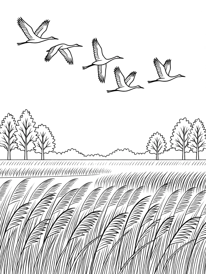 (Finland) Cranes flying south over golden wetlands on an autumn day.