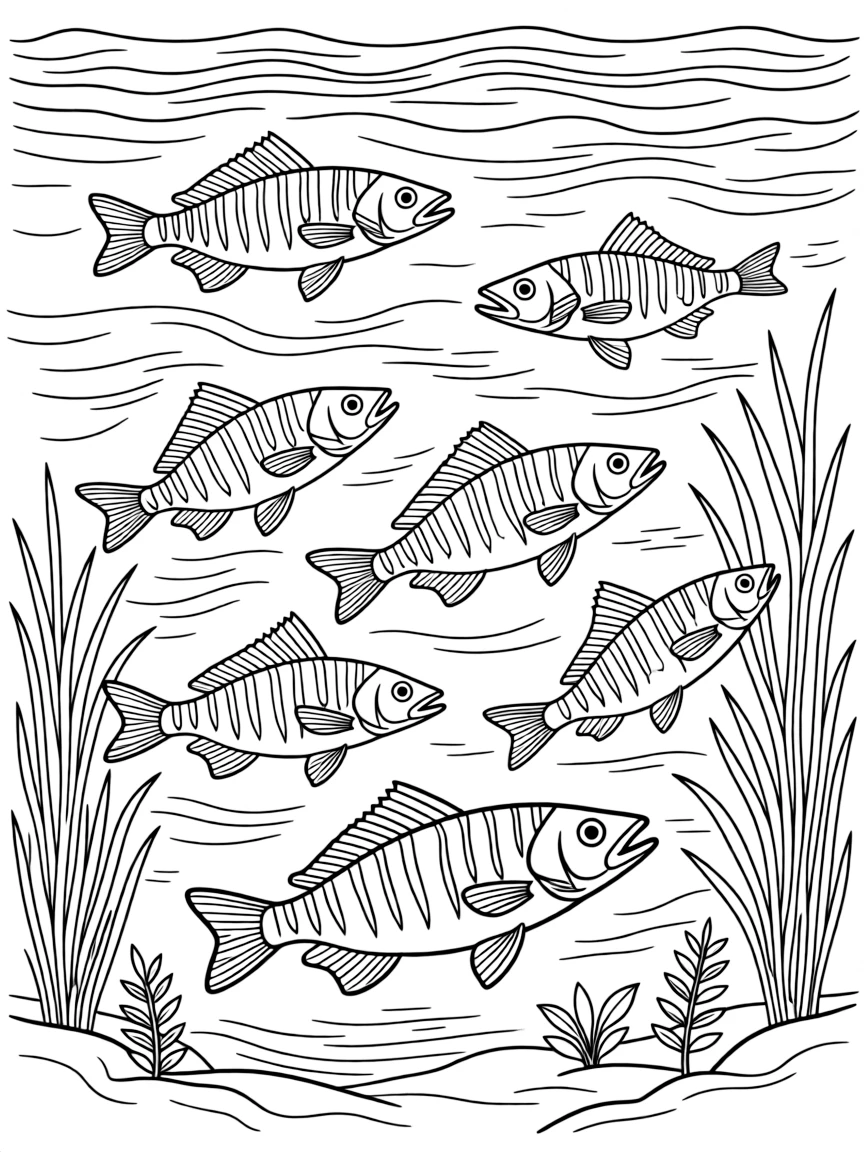 (Finland) A school of perch (Finland’s national fish) swimming in a clear lake.
