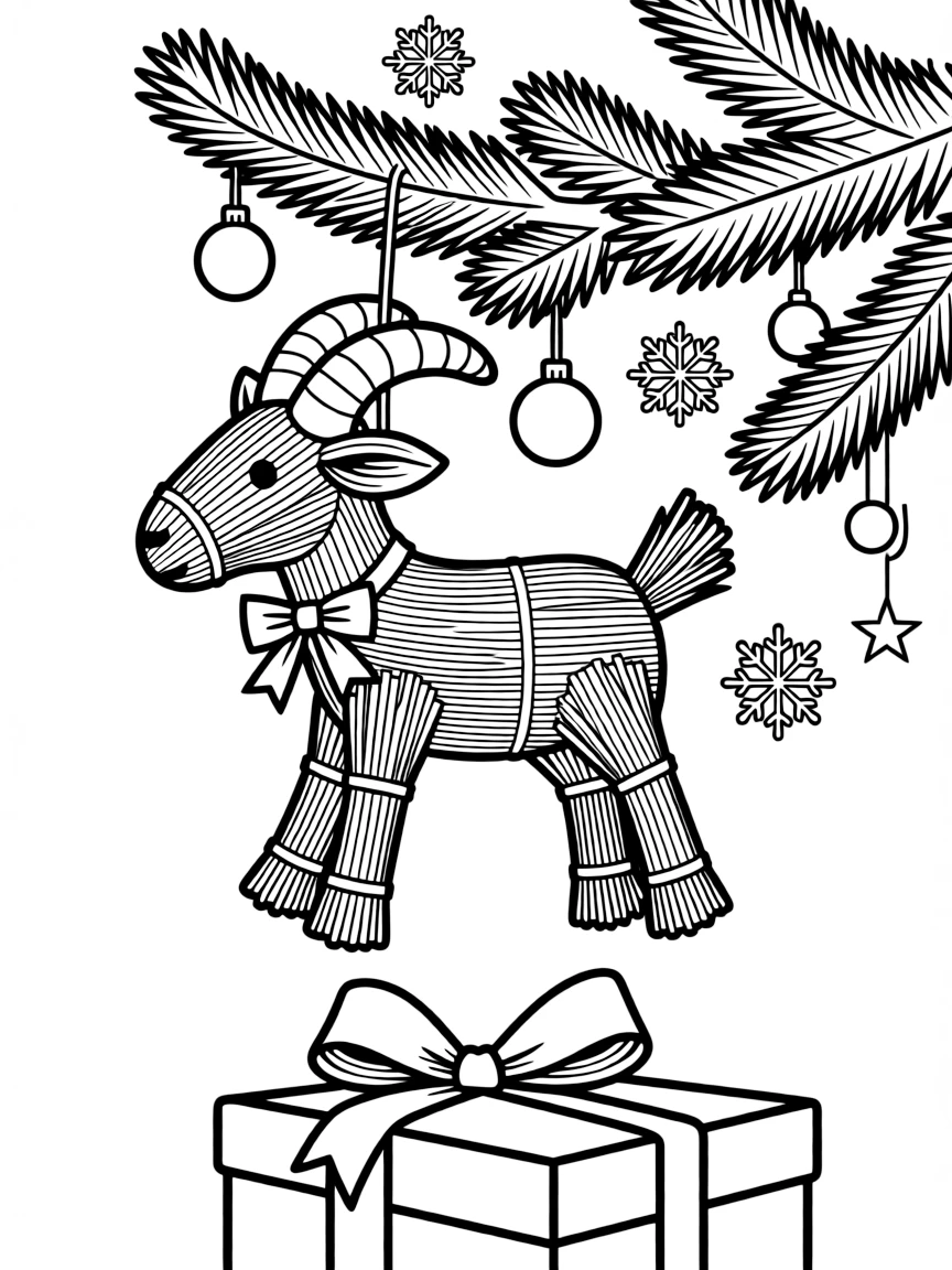 (Finland) A straw Yule Goat (Joulupukki) Christmas ornament by the tree.